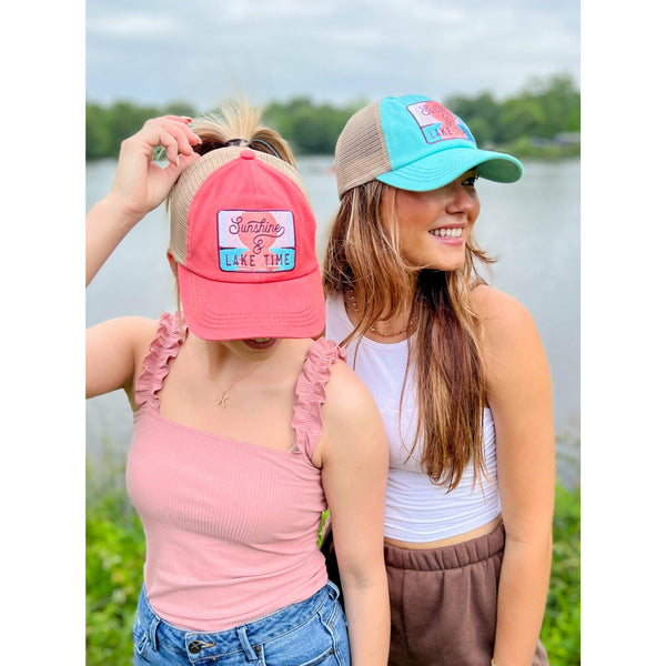Embroidered Sunshine & Lake Time Hat: Coral