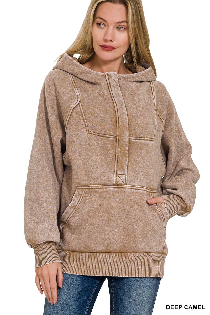 Acid Wash Fleece Oversized 1/4 Zip Kangaroo Hoodie: Multiple colors