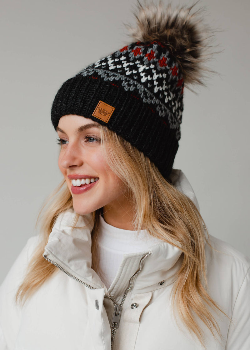 Dk. Gray, Red & White Winter Pattern Pom Hat