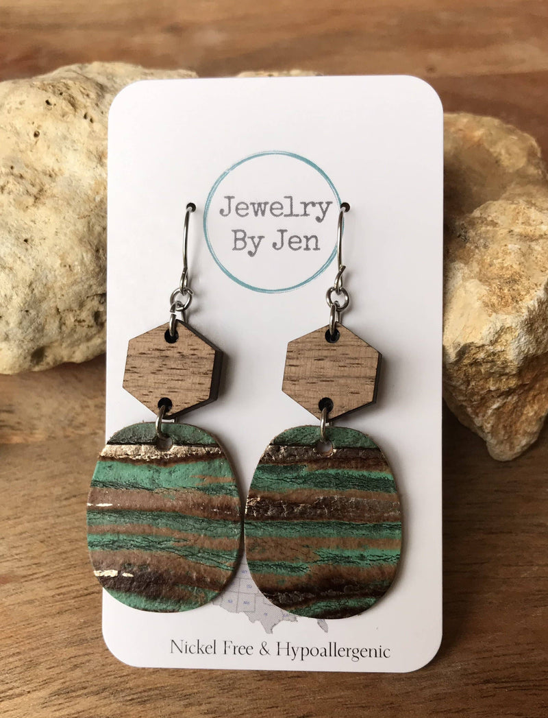 Wood Hexagon w/Aqua Bronze Earrings