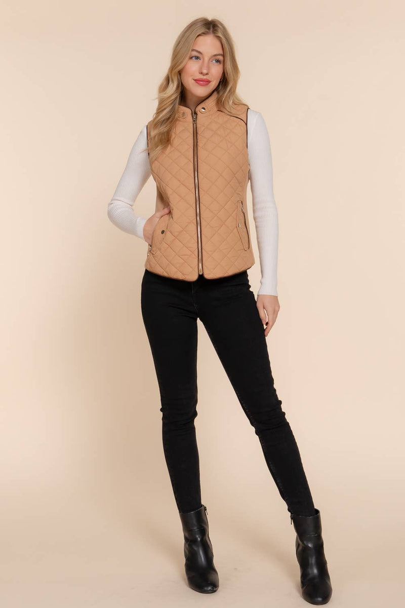 Suede Piping Detail Rib Quilted Padding Vest