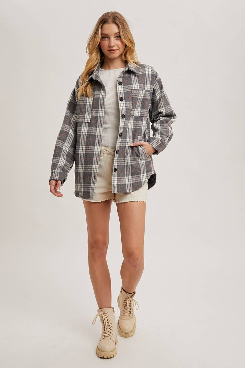 BUTTON DOWN SHIRT INNER QUILTED PLAID SHACKET