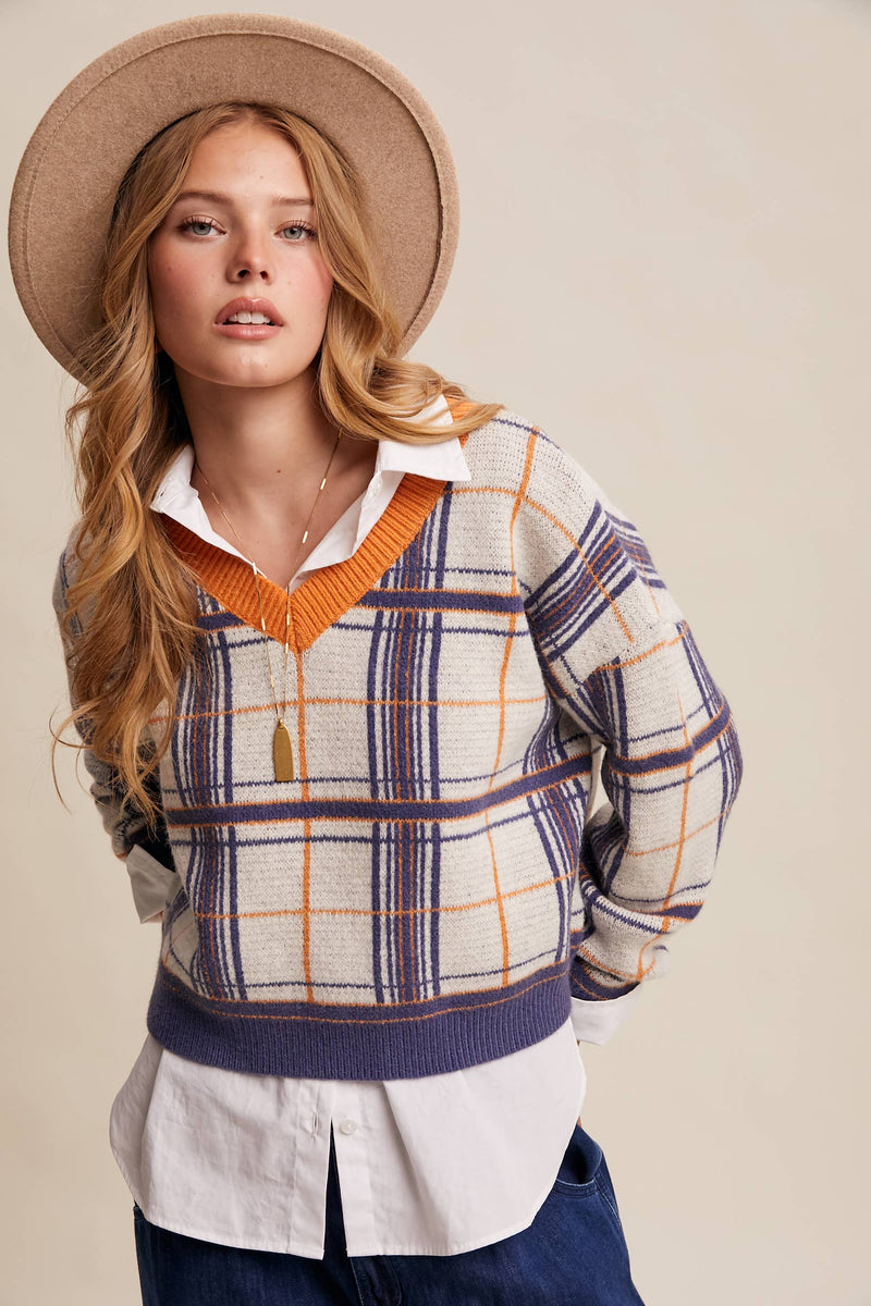 Plaid V-Neck Knit Sweater