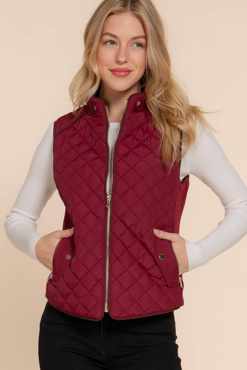 Suede Piping Detail Rib Quilted Padding Vest