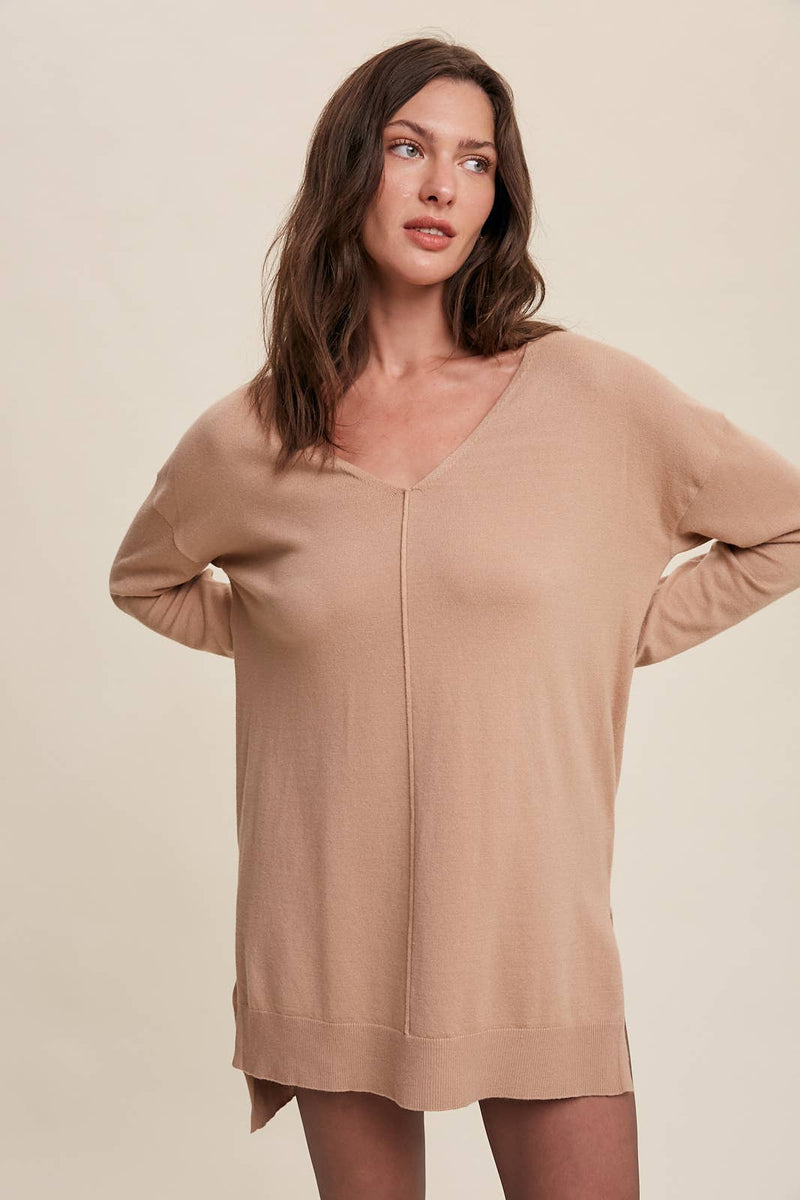 Slit Hem V-Neck Knit Tunic Sweater