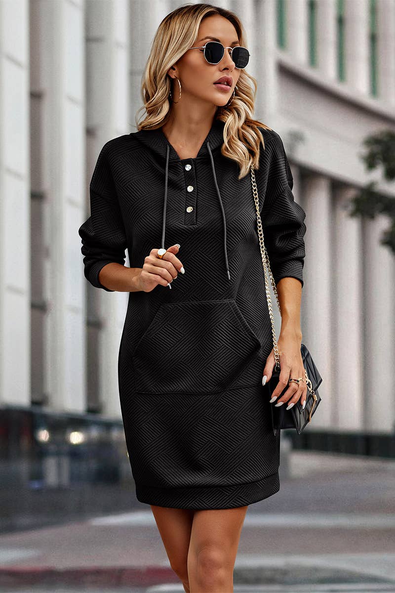 Textured Long Sleeve Henley Hoodie Dress