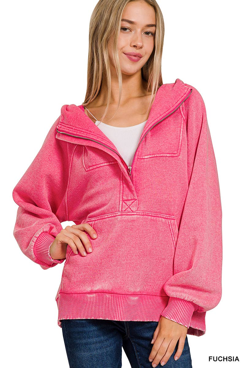 Acid Wash Fleece Oversized 1/4 Zip Kangaroo Hoodie: Multiple colors