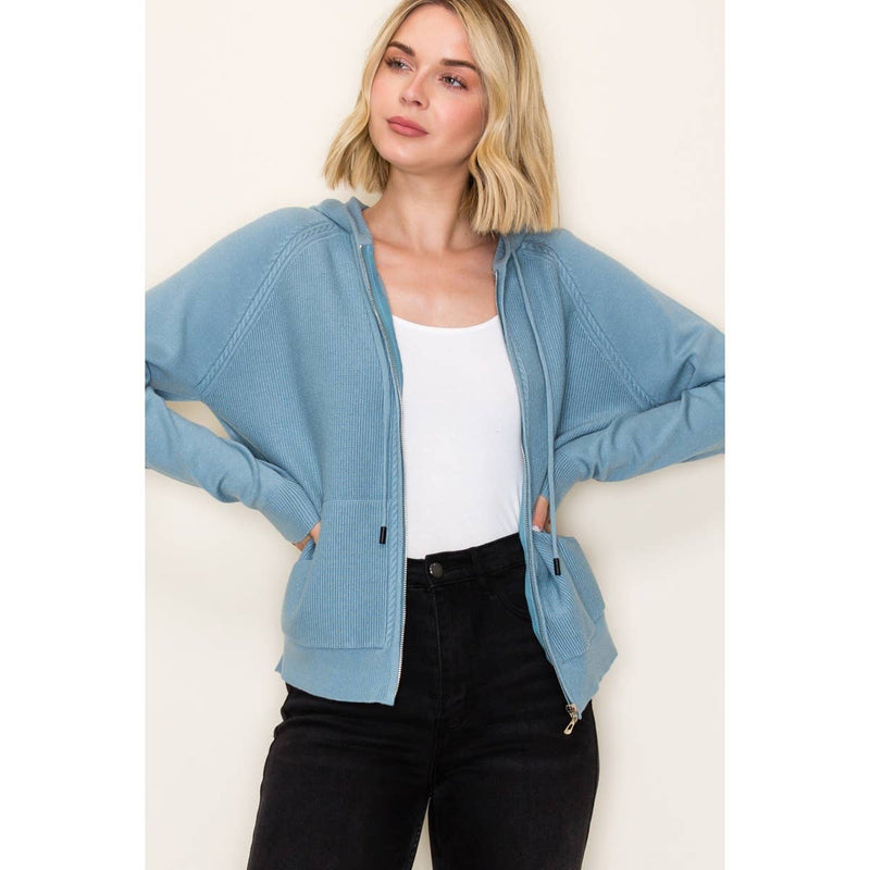 ZIP UP WAFFLE TEXTURED HOODIE JACKET