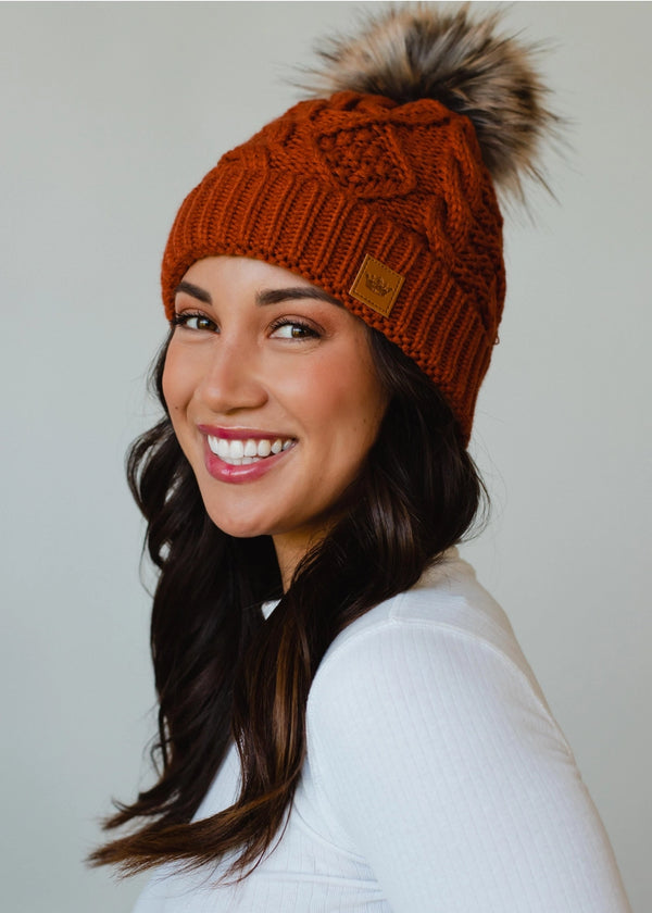 Cable Knit Pom Hat-Rust