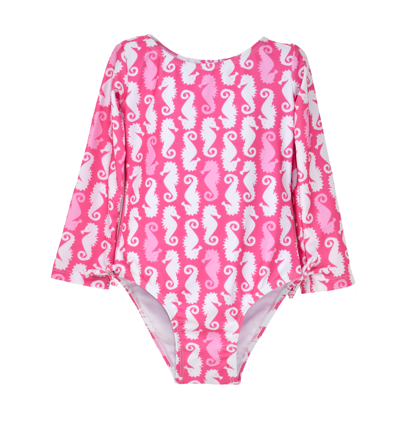 Girls UPF50+ Charlie Long Sleeve Rash Guard Swimsuit: Shiny Pink Scales / Multiple Sizes