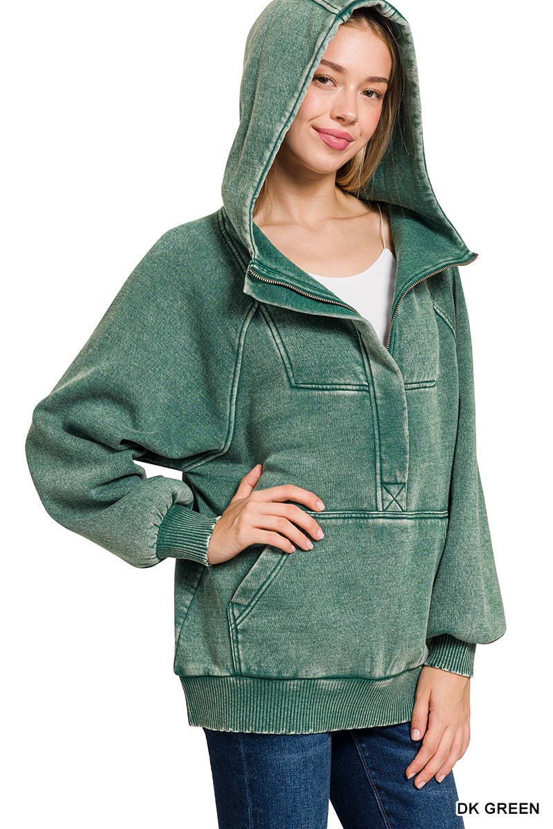 Acid Wash Fleece Oversized 1/4 Zip Kangaroo Hoodie: Multiple colors