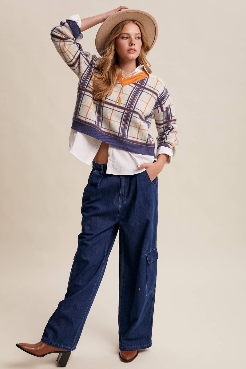 Plaid V-Neck Knit Sweater