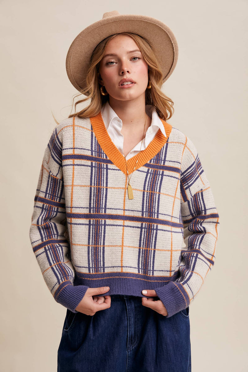 Plaid V-Neck Knit Sweater