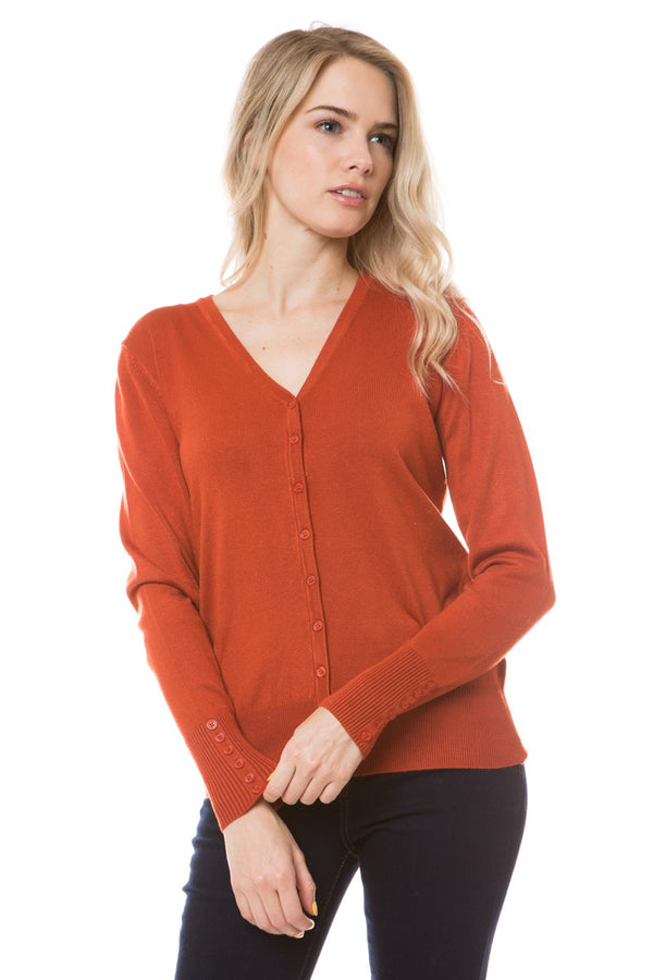 Aubrey  V-neck Button Up Cardigan- Rust