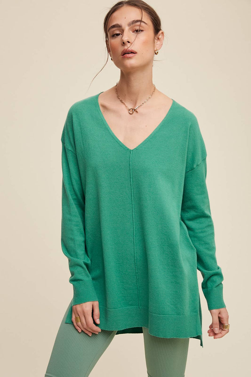 Slit Hem V-Neck Knit Tunic Sweater