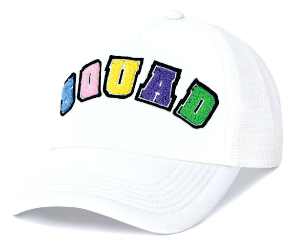 A white trucker hat with the text 'SMILE SQUAD' written out in individual letters in different colors on the front.