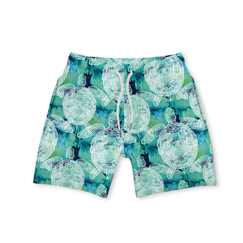 Turquoise Tie-Dye Turtle Swim Trunks