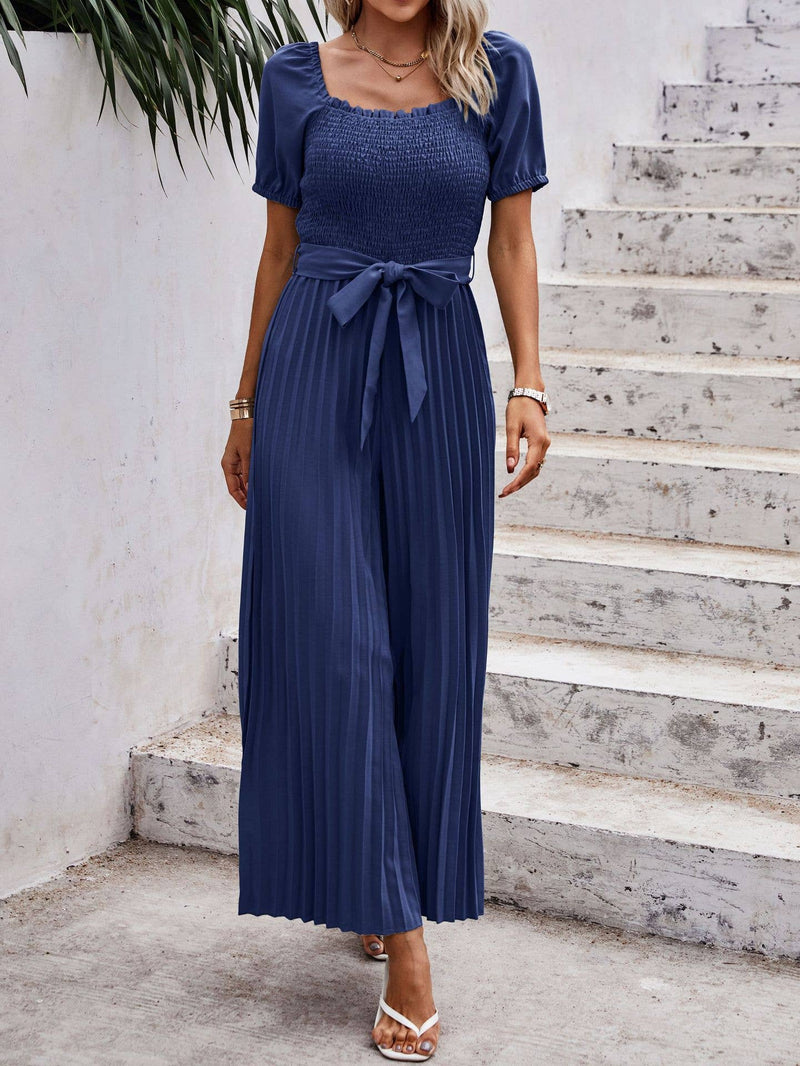 Smocked Pleated Belted Jumpsuit