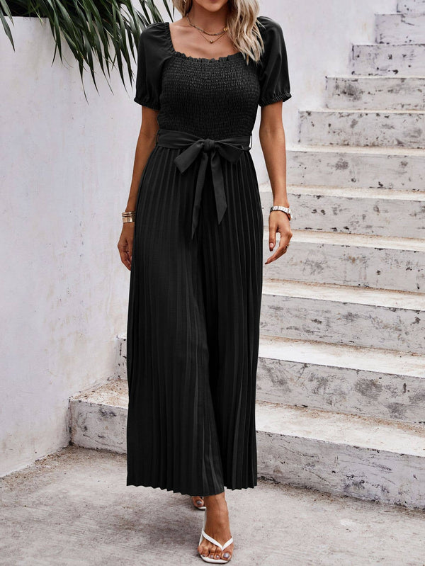 Smocked Pleated Belted Jumpsuit