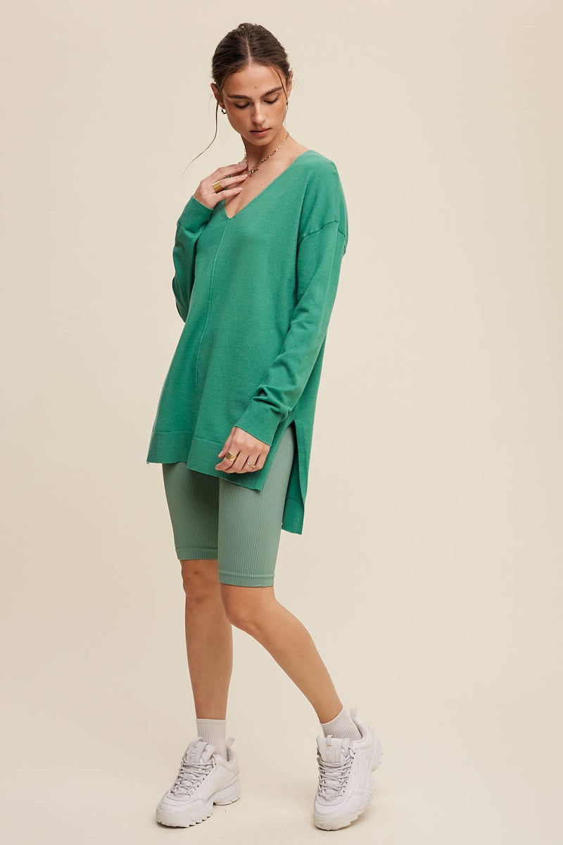 Slit Hem V-Neck Knit Tunic Sweater