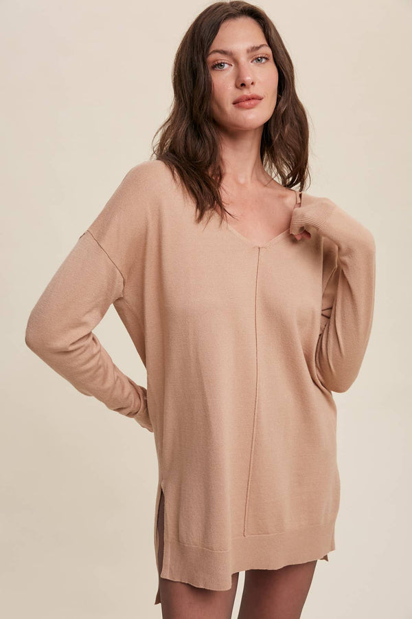 Slit Hem V-Neck Knit Tunic Sweater