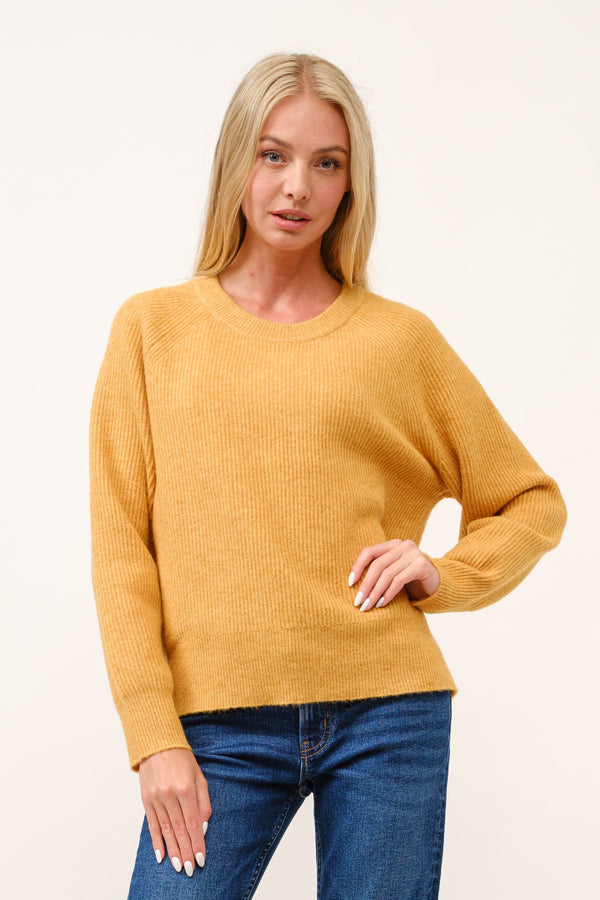 Michelle Ribbed Crewneck Soft Pullover Sweater- Mustard