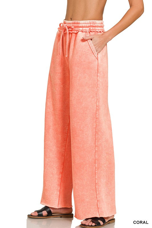 Acid Wash Palazzo Pant- Coral