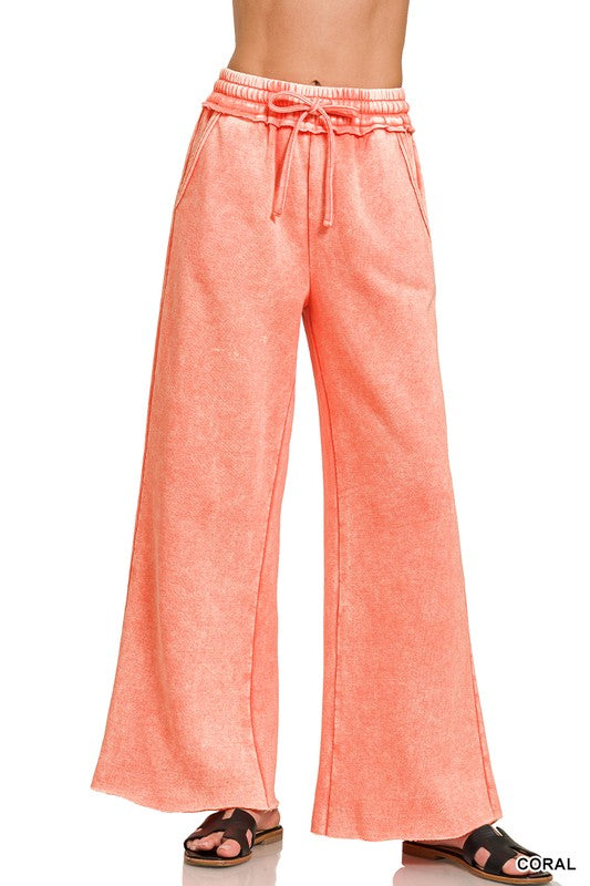 Acid Wash Palazzo Pant- Coral