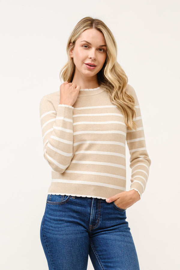 Mallory Round Neck Stripe Scallop Sweater