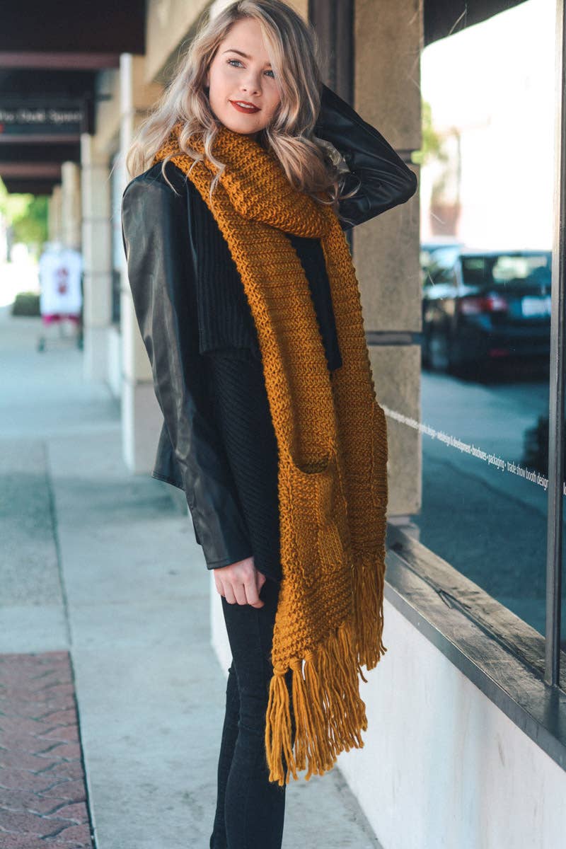 Oversized Two Pocket Tassel Scarf- Gray