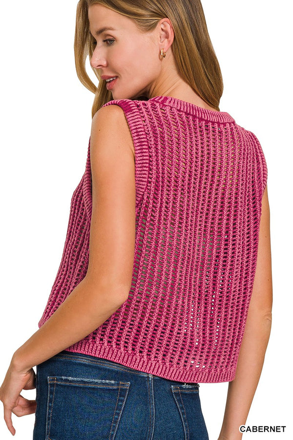 Ashley Washed Fishnet Sweater Vest- Multiple Colors
