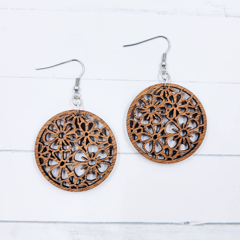 Floral Circle Wooden Dangle Earrings