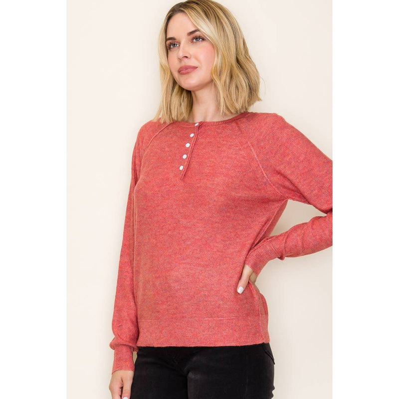HENLEY BUTTON NECK PULLOVER SWEATER