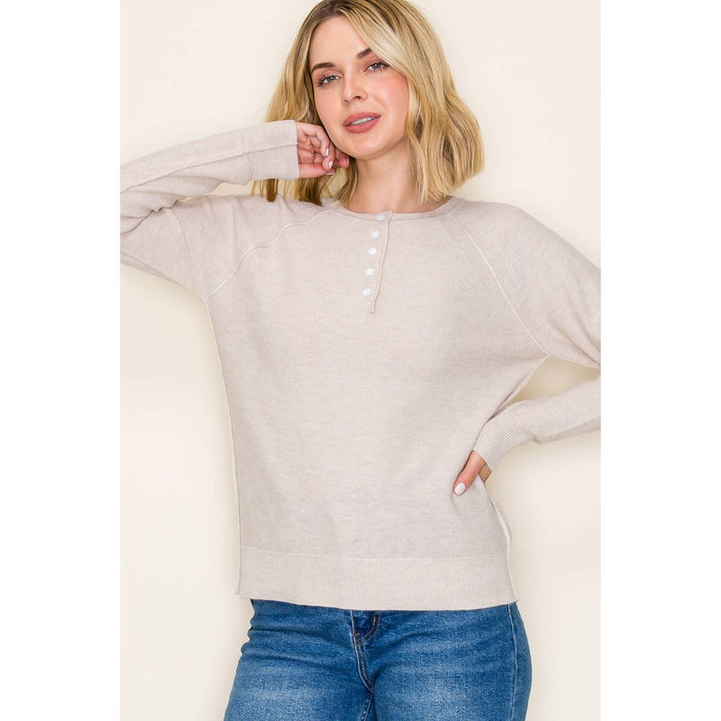 HENLEY BUTTON NECK PULLOVER SWEATER