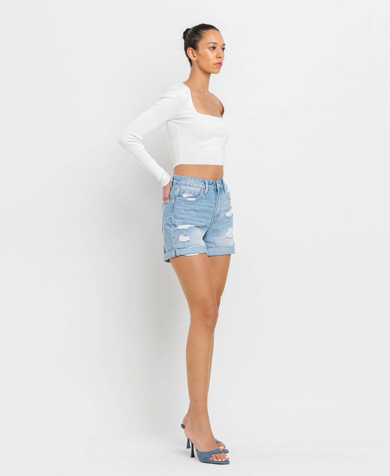 Mid Rise Double Cuff Boyfriend Shorts