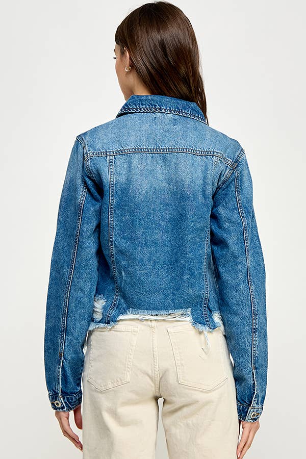 Ladies'  Cropcut Denim Jacket with Distressed