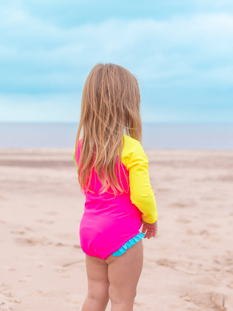 Girls Neon Color Block Long Sleeve One Piece Rash Guard Swimsuit
