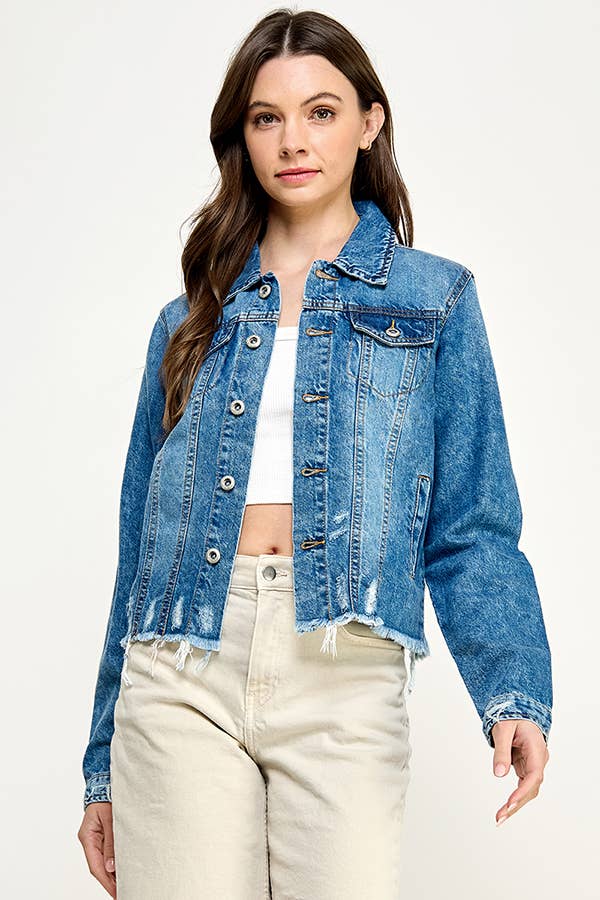 Ladies'  Cropcut Denim Jacket with Distressed