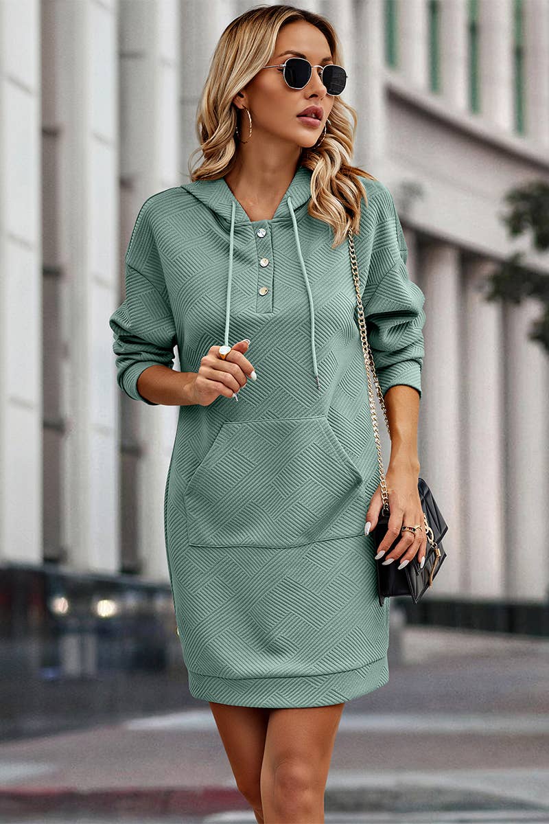 Textured Long Sleeve Henley Hoodie Dress
