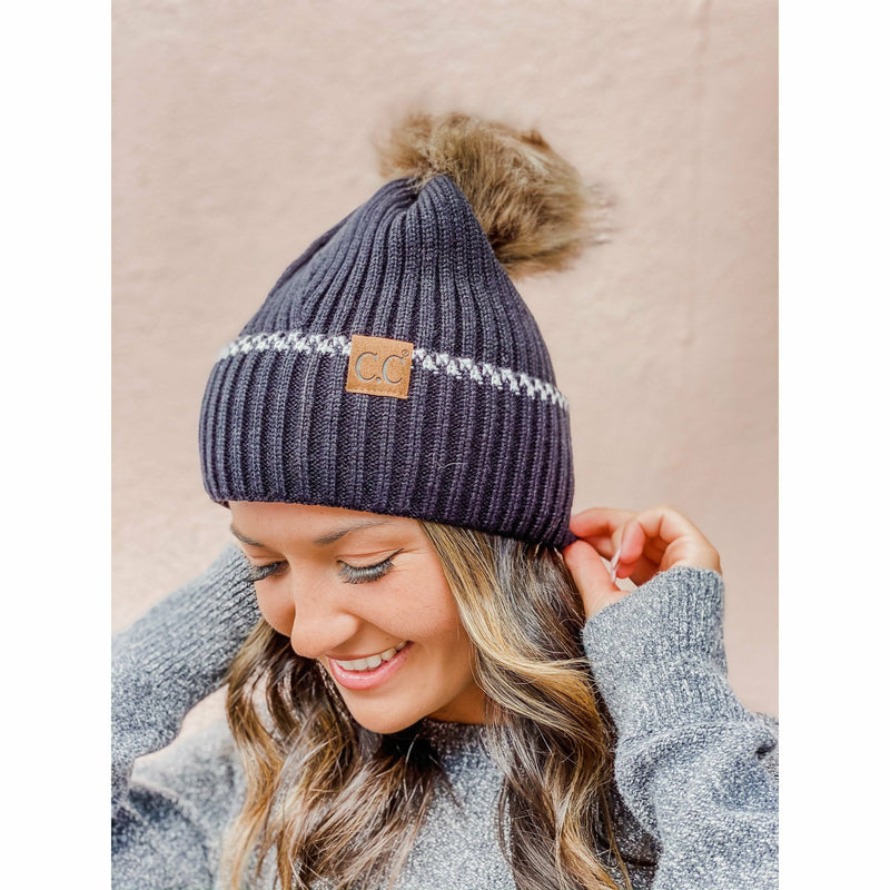 Ribbed Knit Beanie with Accented Cuff