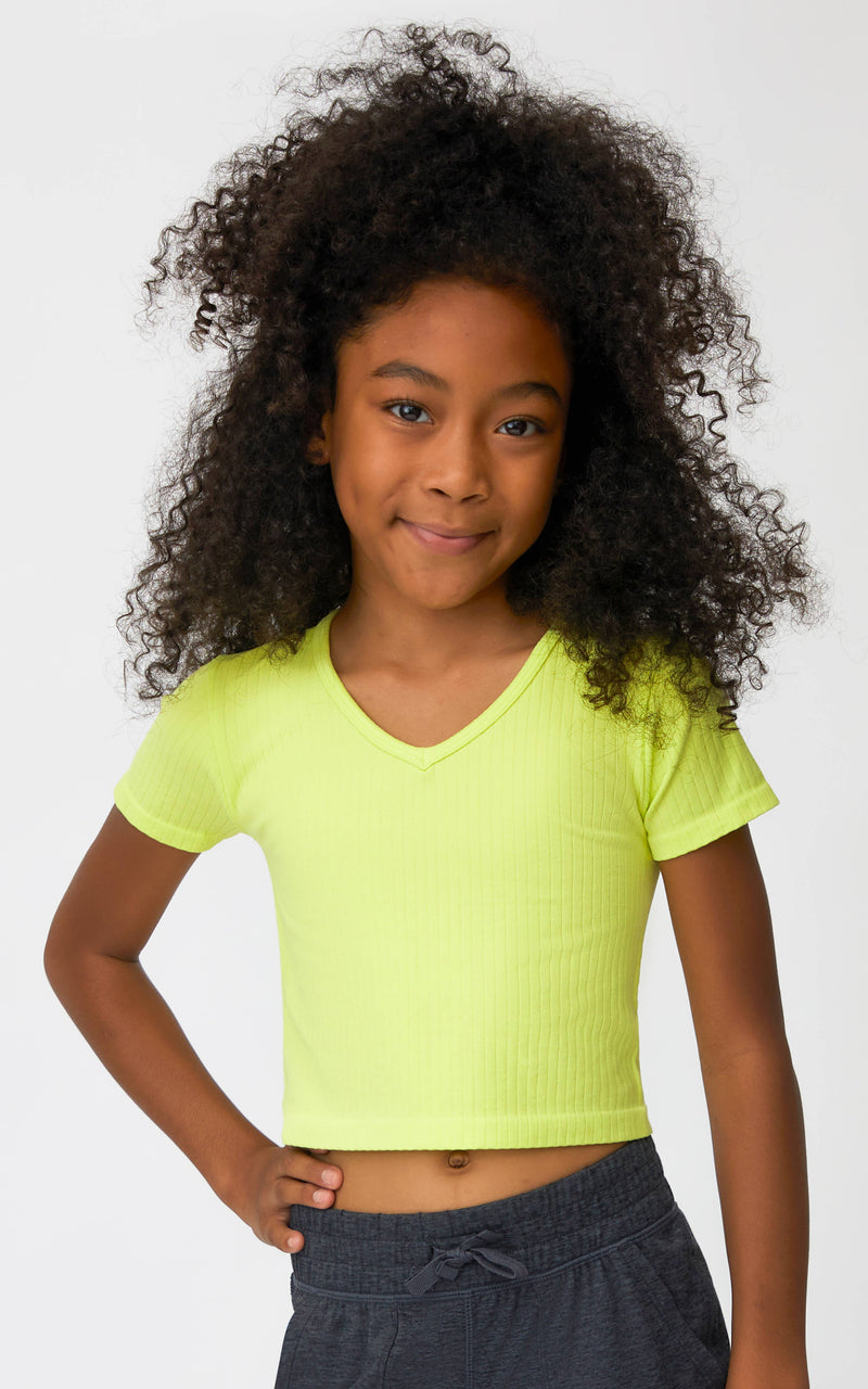 Girls Rib Seamless V-Neck Cropped T- Multiple Colors