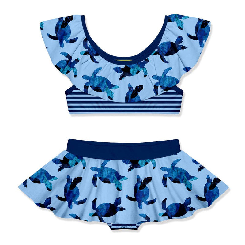 Girls Swim Light Blue Turtle Ruffle-Neck Skirted Bikini: Light Blue / Multiple sizes