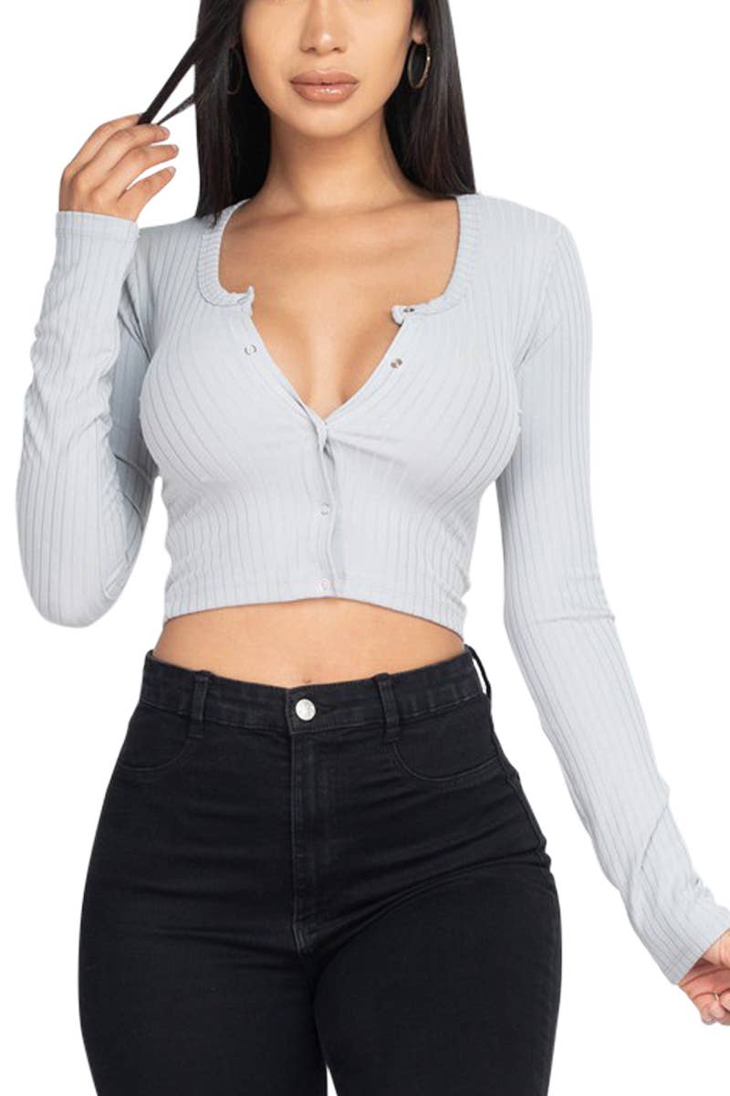 Button Up Ribbed Crop Top: BLACK