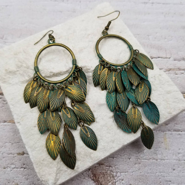 Vintage Bronze Leaf Tassel Earrings