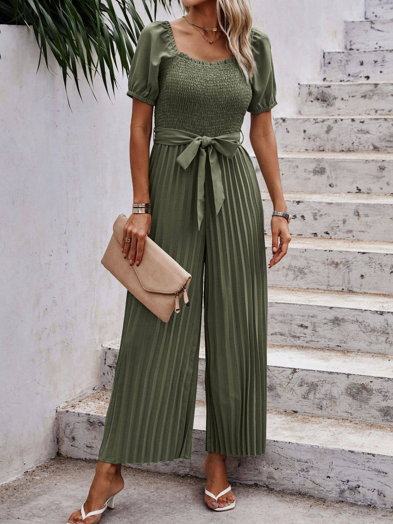 Smocked Pleated Belted Jumpsuit