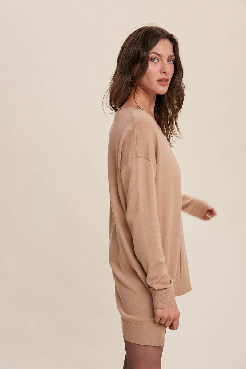 Slit Hem V-Neck Knit Tunic Sweater