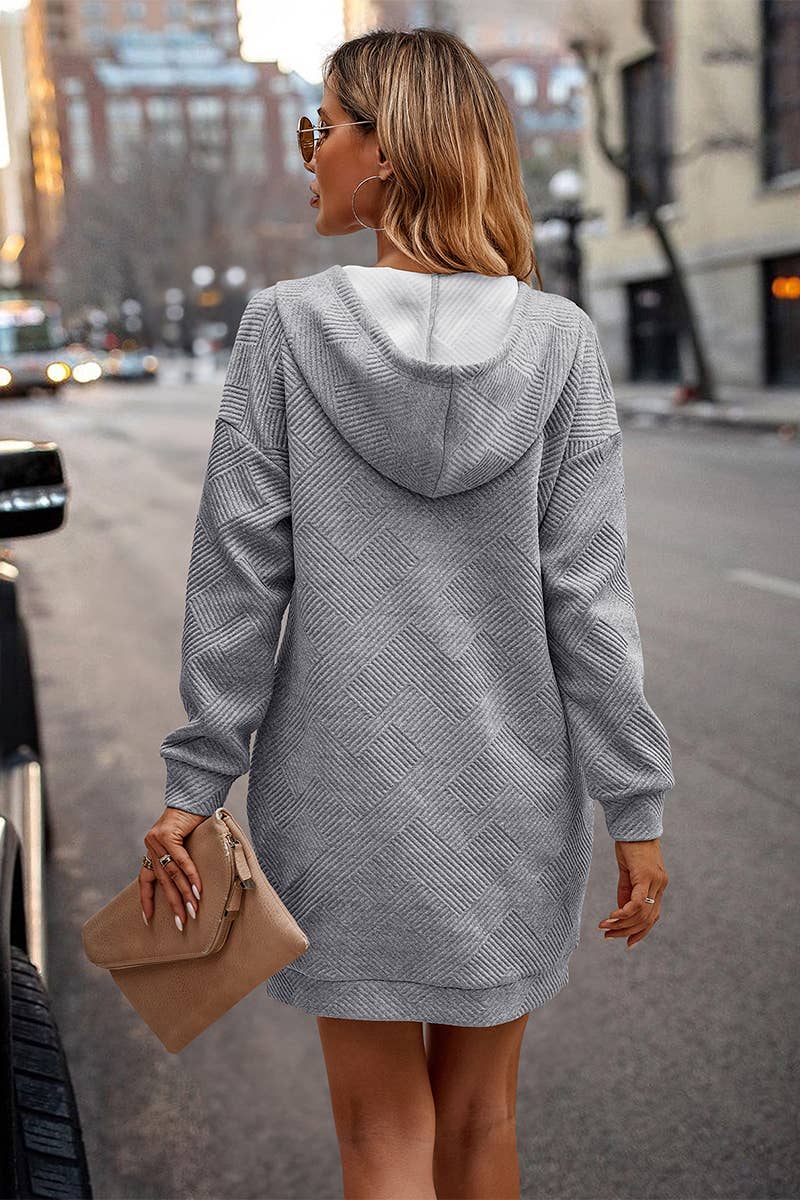 Textured Long Sleeve Henley Hoodie Dress