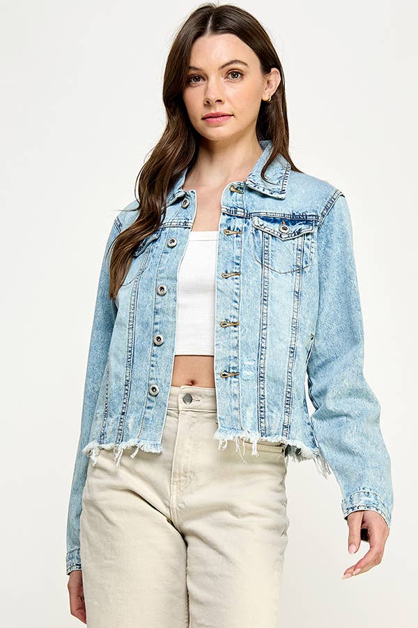 Ladies'  Cropcut Denim Jacket with Distressed