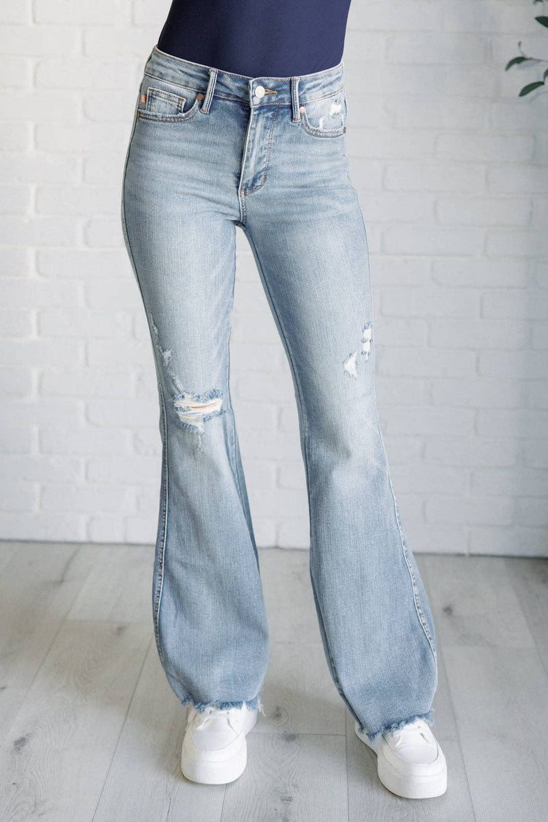 Judy Blue Mid Rise Control Top Distressed Flare Jeans