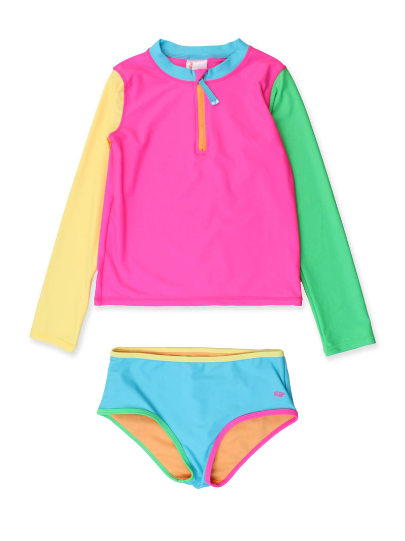 Tween Girls Neon Color Block Long Sleeve Zipper Rash Guard 2-Piece Swimsuit